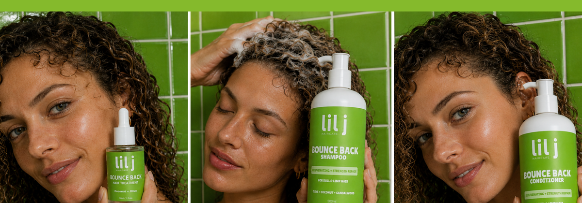Three-panel collage showing a woman with curly hair using Lil J Bounce Back 3-step routine Lil J Treatment, Shampoo, Conditioner in front of a green tiled wall.