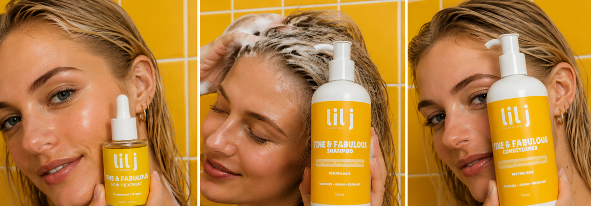 Three-panel collage showing a woman in a shower holding a bottle of Lil J One & Fabulous Shampoo against a yellow tiled wall. The panels show close-ups of her face, her wet hair lathered with soap, and her holding the product bottle.